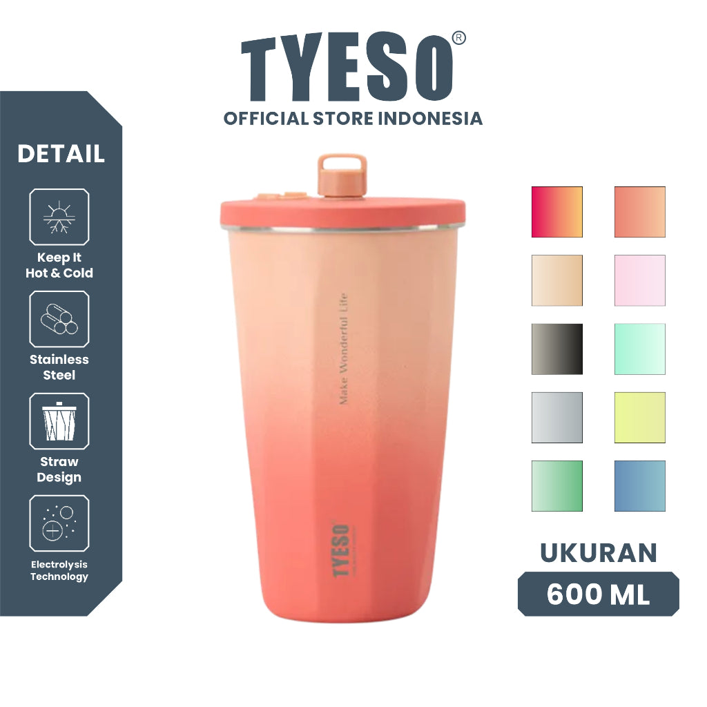 Tyeso Tumbler Gelas Kopi Gradasi Portable 600ml Stainless Steel Free Sedotan TS-8848 Original Resmi