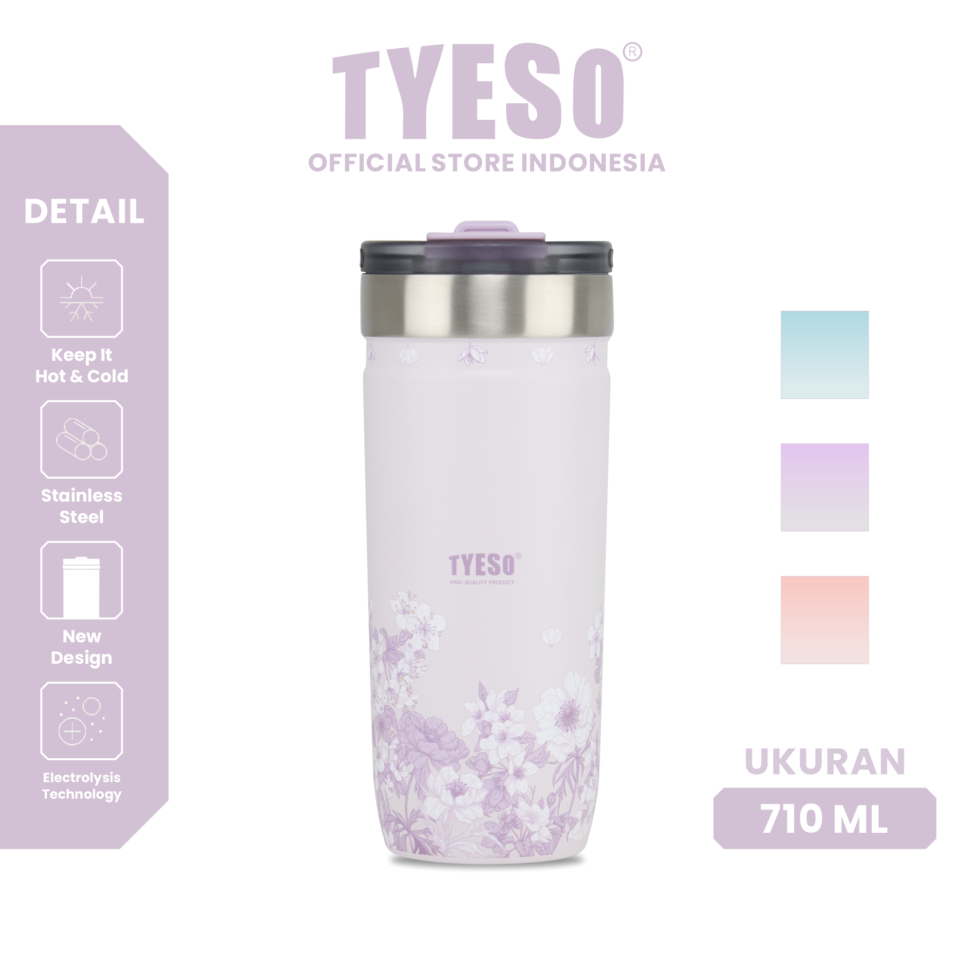 Tyeso Tumbler Floral Veil Lavender Collection Soft Purple Insulated Stainless Steel Vacuum Cup BPA FREE