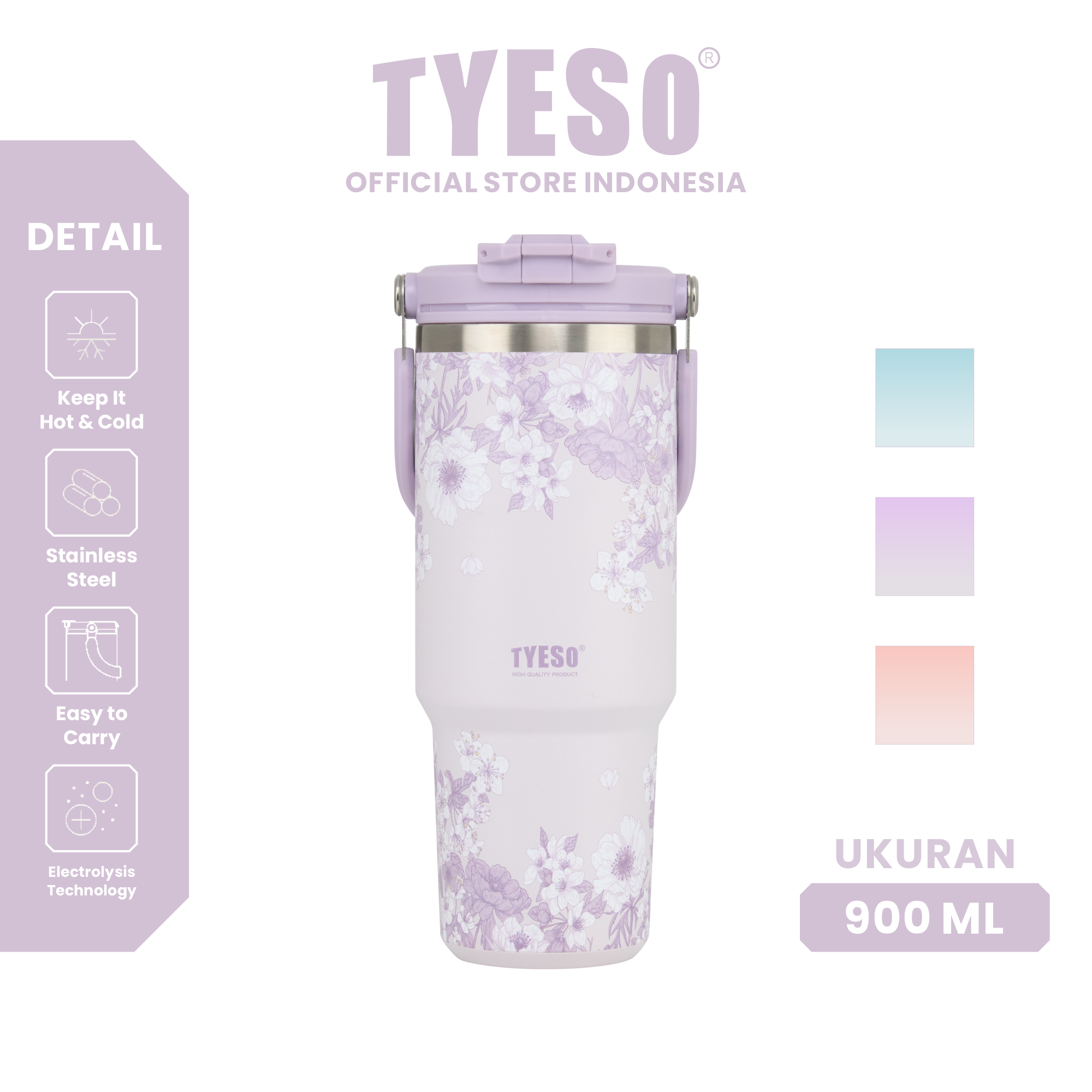 Tyeso Tumbler Floral Veil Lavender Collection Soft Purple Insulated Stainless Steel Vacuum Cup BPA FREE