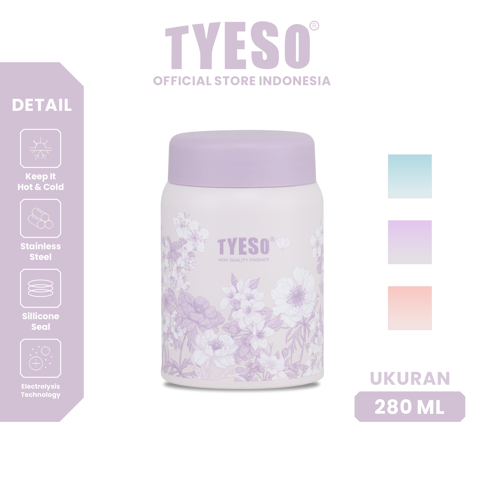 Tyeso Tumbler Floral Veil Lavender Collection Soft Purple Insulated Stainless Steel Vacuum Cup BPA FREE