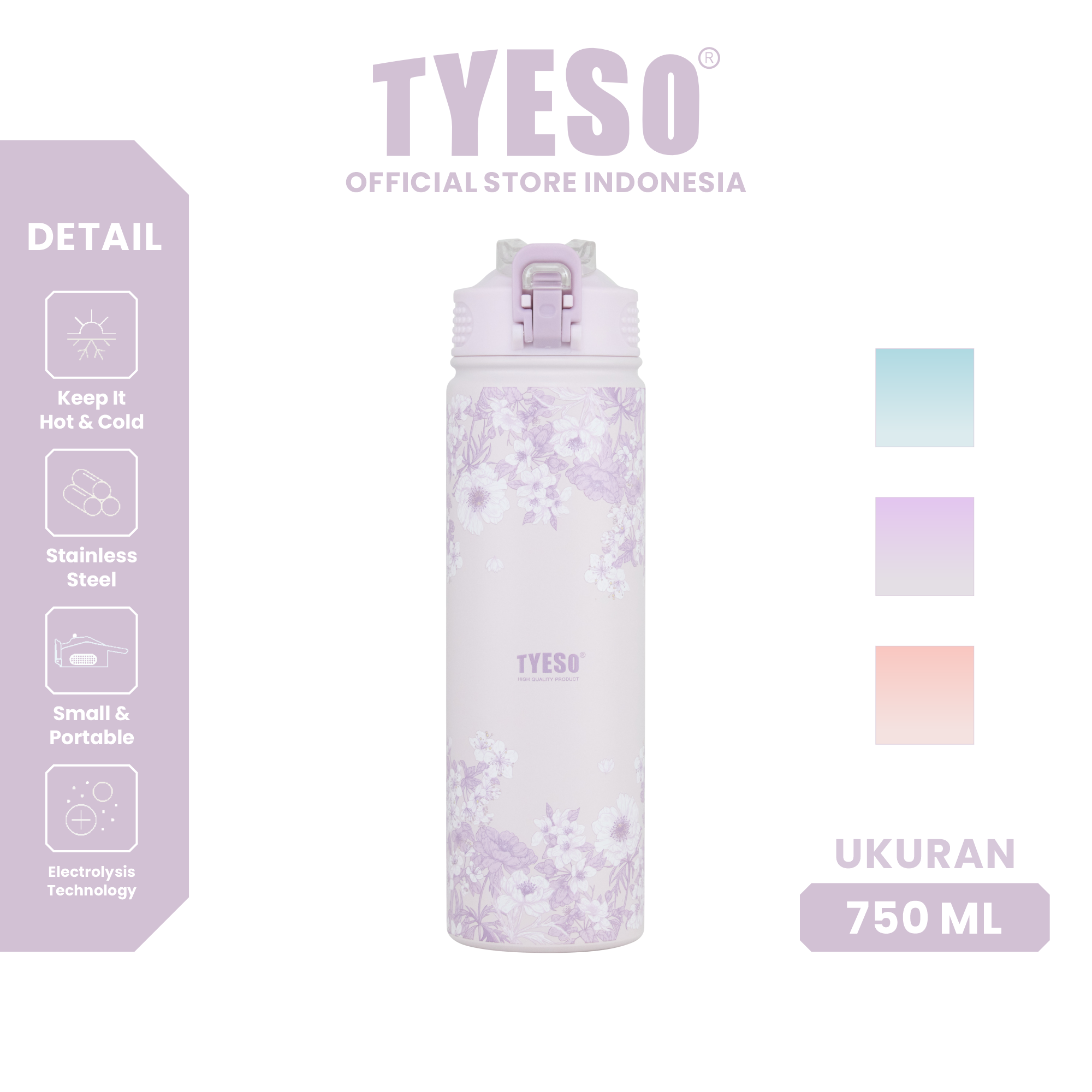 Tyeso Tumbler Floral Veil Lavender Collection Soft Purple Insulated Stainless Steel Vacuum Cup BPA FREE