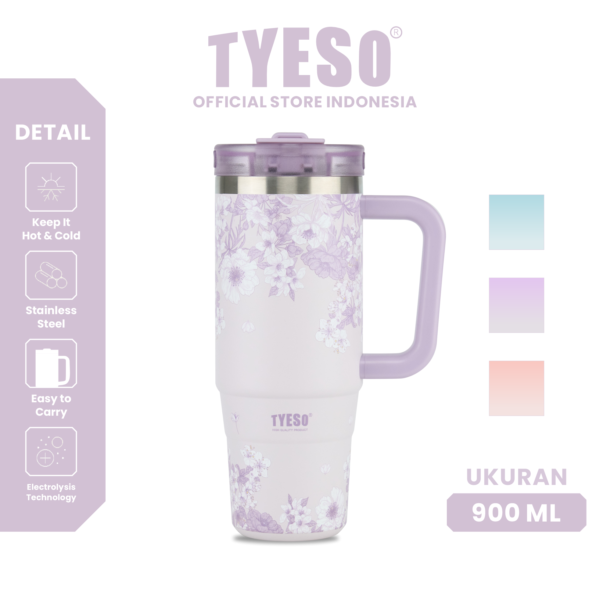 Tyeso Tumbler Floral Veil Lavender Collection Soft Purple Insulated Stainless Steel Vacuum Cup BPA FREE