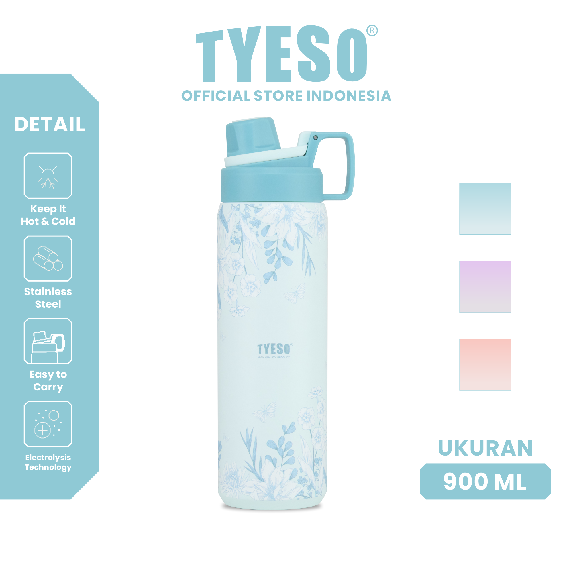 Tyeso Tumbler Floral Mist Blue Collection Insulated Soft Blue Stainless Steel Vacuum Cup BPA FREE