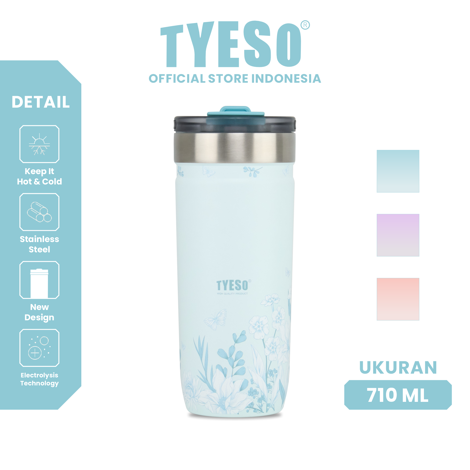 Tyeso Tumbler Floral Mist Blue Collection Insulated Soft Blue Stainless Steel Vacuum Cup BPA FREE