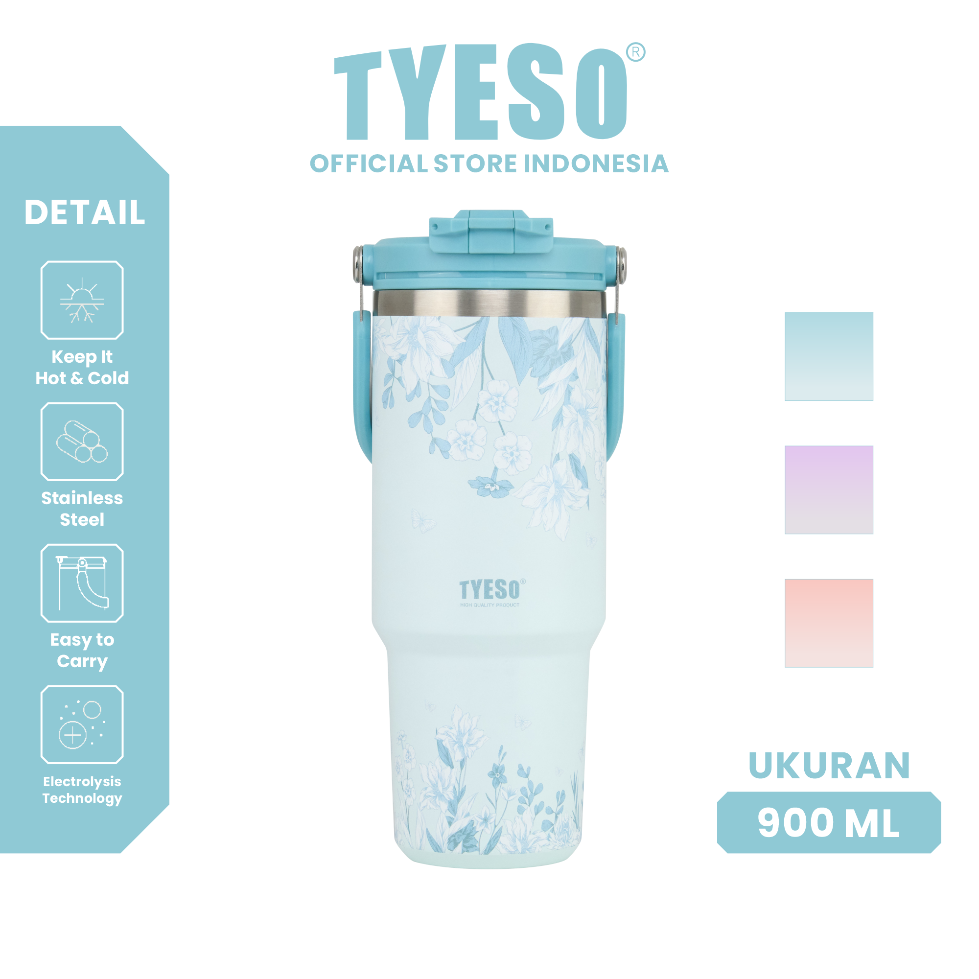 Tyeso Tumbler Floral Mist Blue Collection Insulated Soft Blue Stainless Steel Vacuum Cup BPA FREE