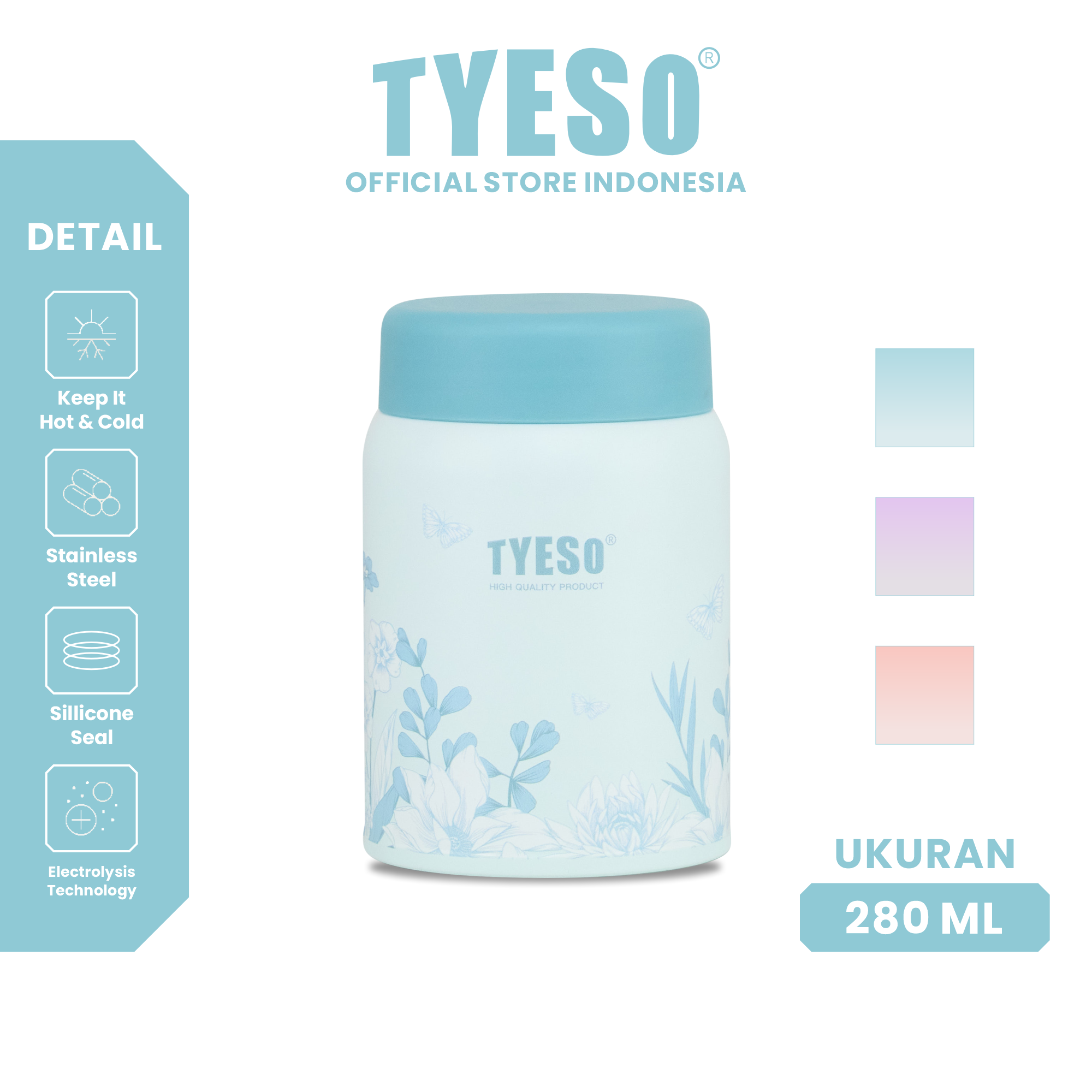 Tyeso Tumbler Floral Mist Blue Collection Insulated Soft Blue Stainless Steel Vacuum Cup BPA FREE