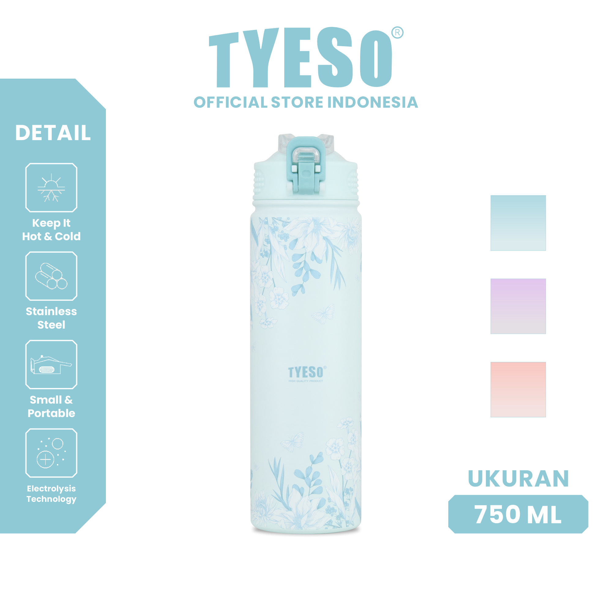 Tyeso Tumbler Floral Mist Blue Collection Insulated Soft Blue Stainless Steel Vacuum Cup BPA FREE