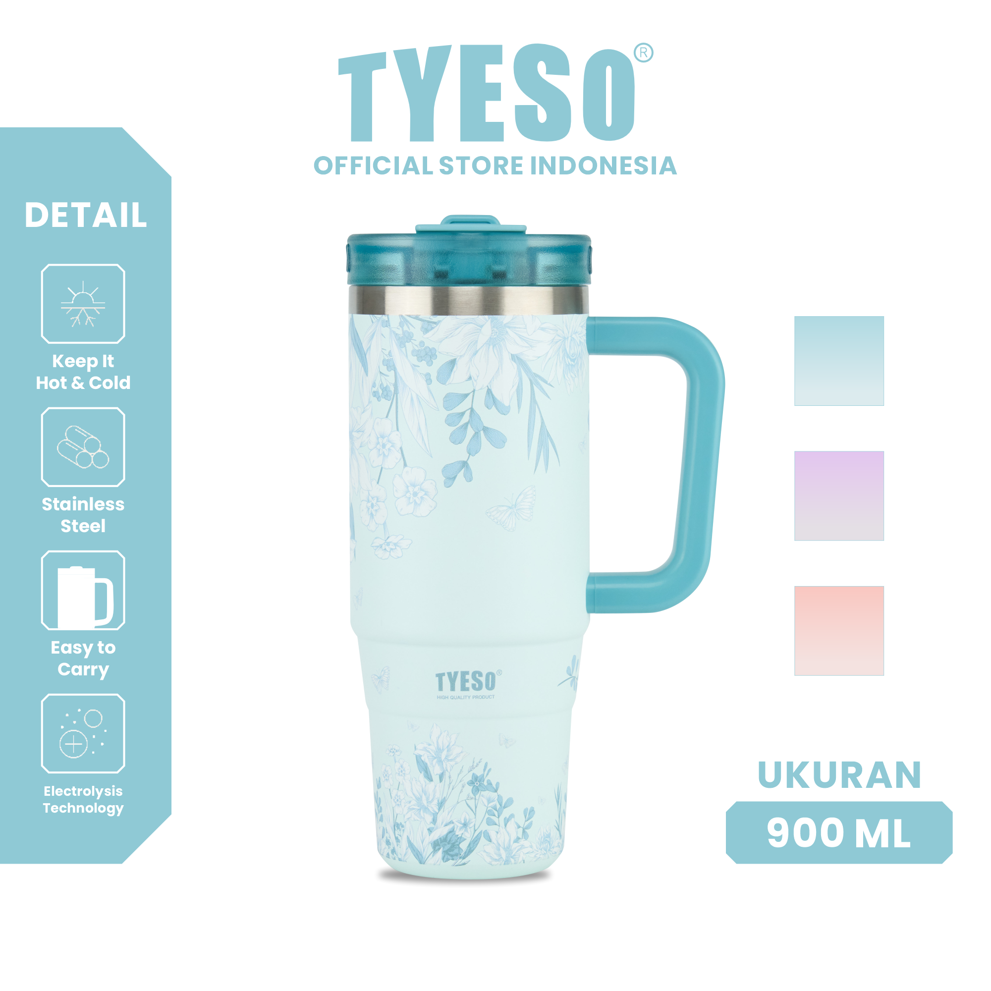 Tyeso Tumbler Floral Mist Blue Collection Insulated Soft Blue Stainless Steel Vacuum Cup BPA FREE
