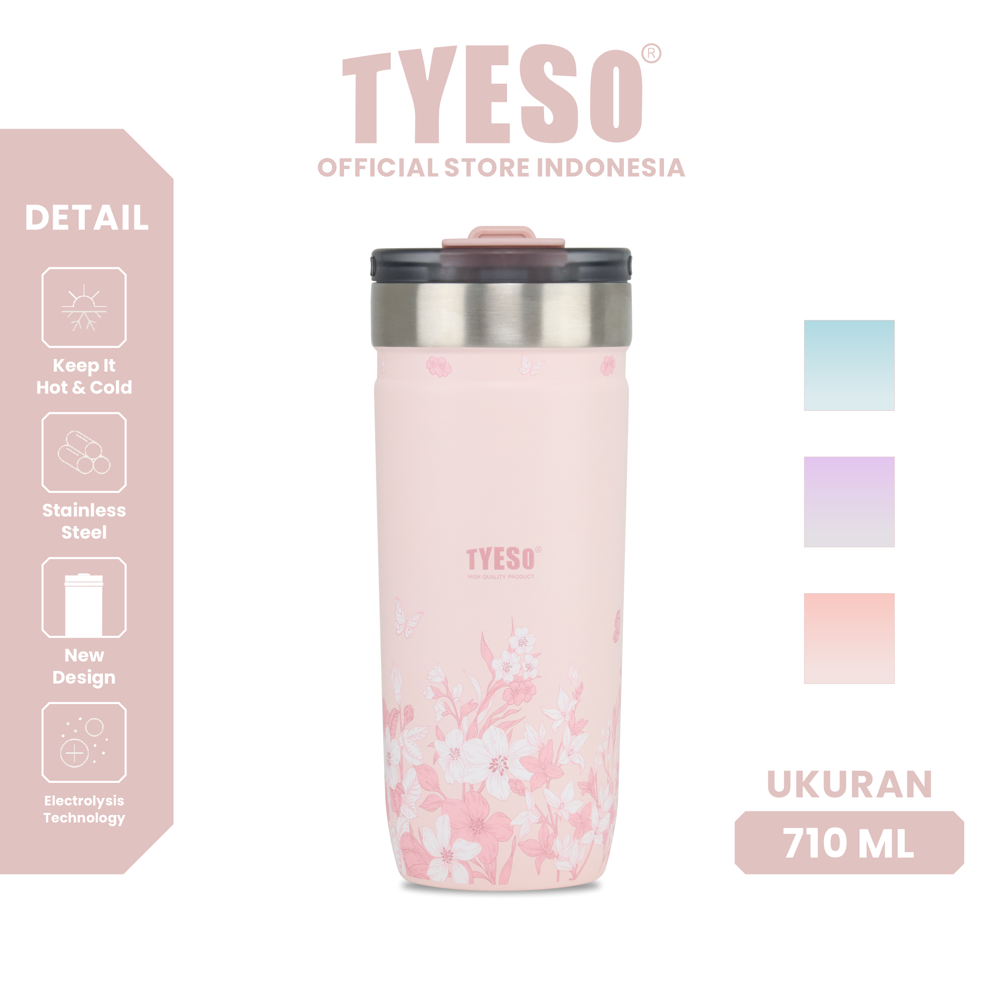 Tyeso Tumbler Floral Blush Collection Insulated Soft Pink Stainless Steel Vacuum Cup BPA FREE
