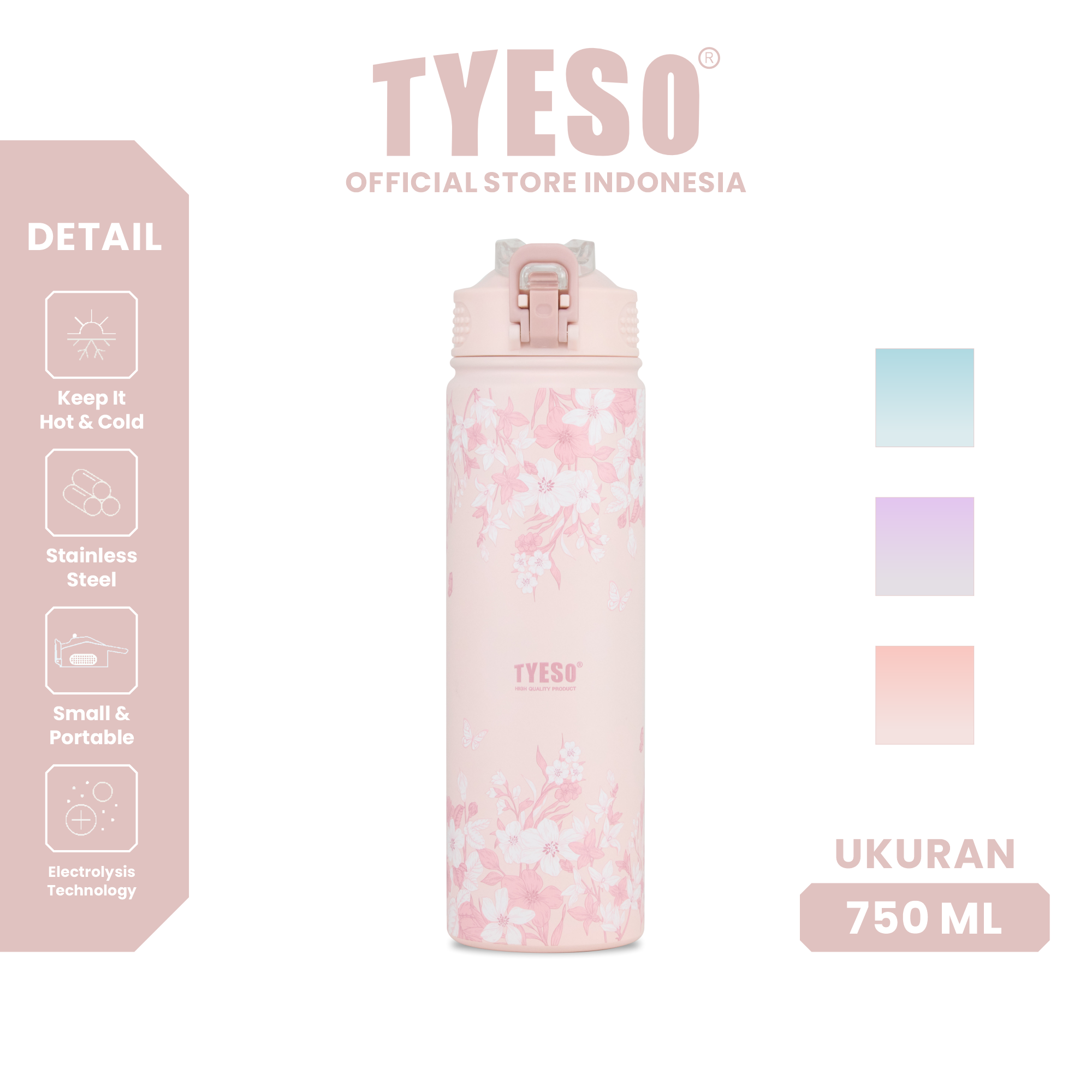 Tyeso Tumbler Floral Blush Collection Insulated Soft Pink Stainless Steel Vacuum Cup BPA FREE