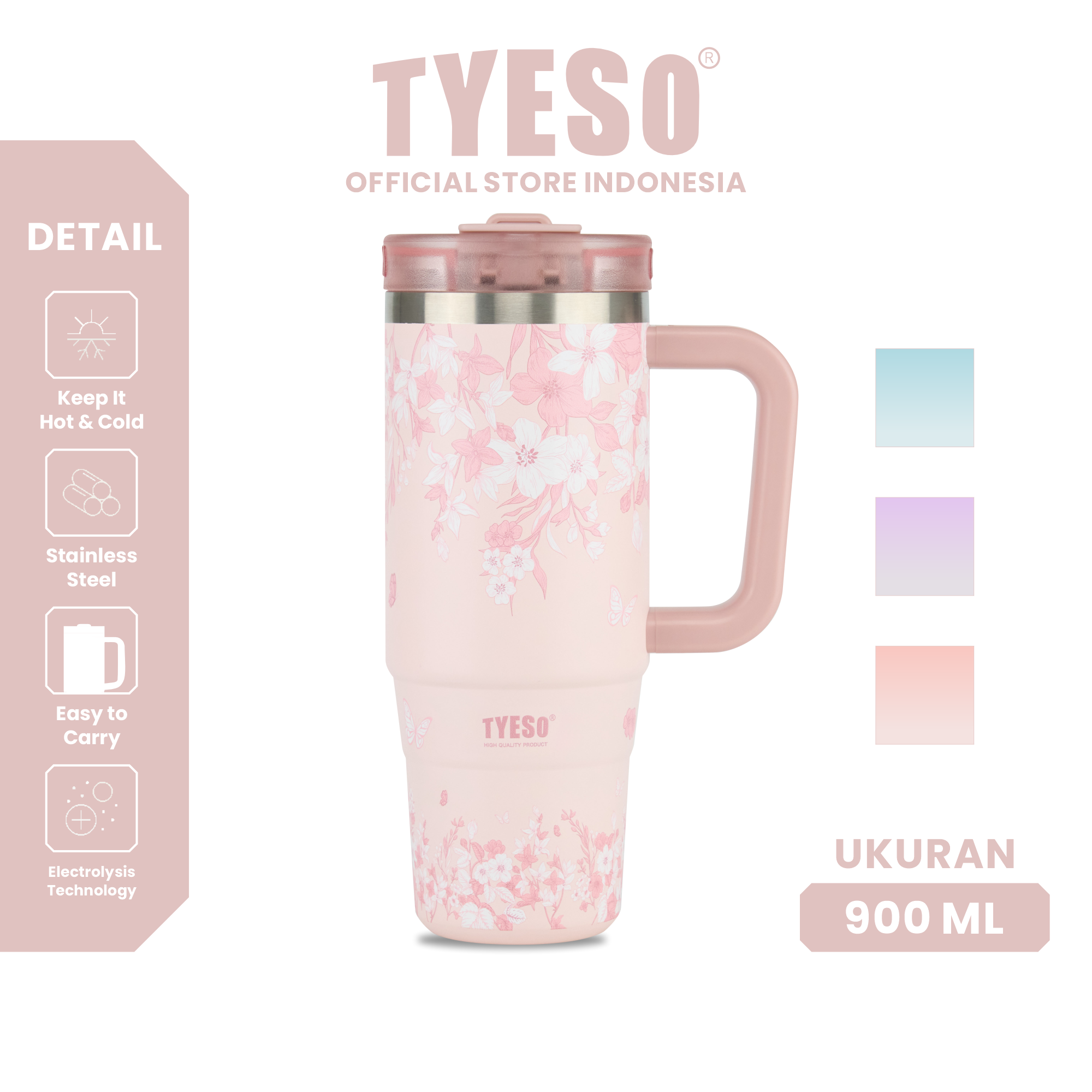 Tyeso Tumbler Floral Blush Collection Insulated Soft Pink Stainless Steel Vacuum Cup BPA FREE