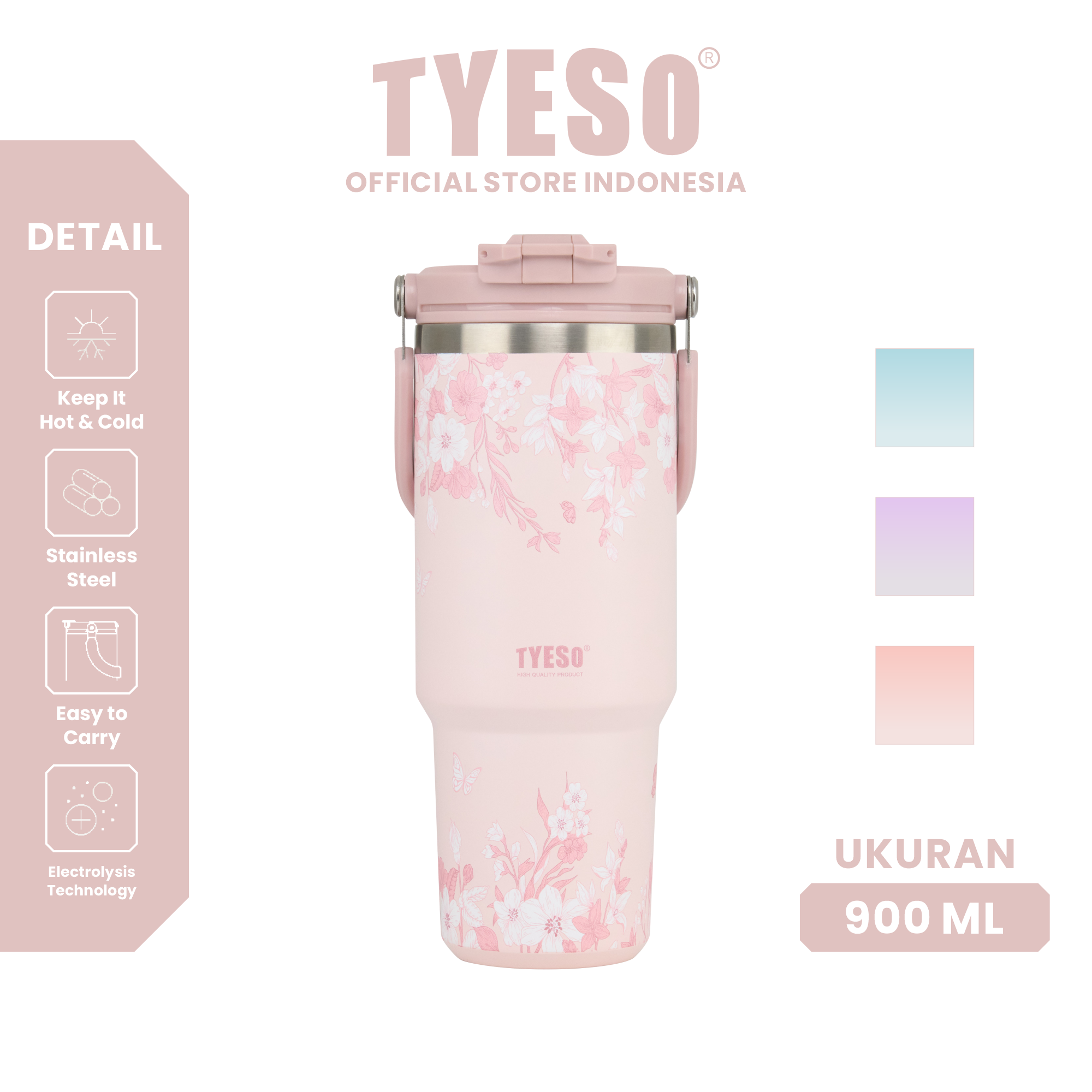 Tyeso Tumbler Floral Blush Collection Insulated Soft Pink Stainless Steel Vacuum Cup BPA FREE