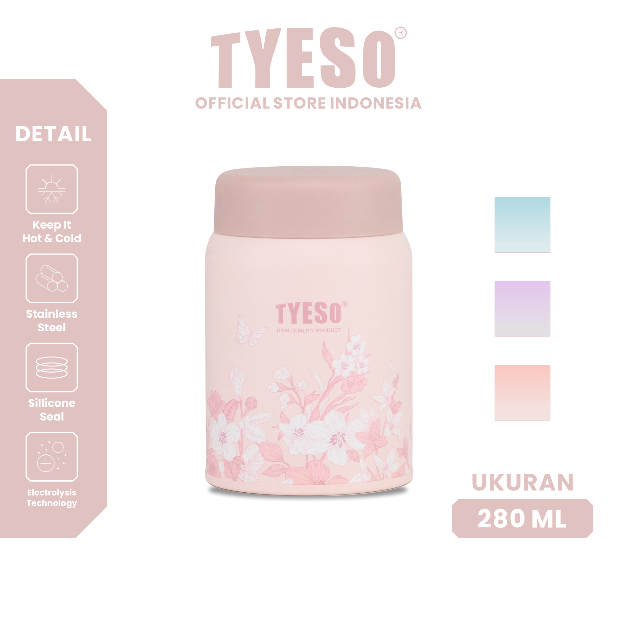 Tyeso Tumbler Floral Blush Collection Insulated Soft Pink Stainless Steel Vacuum Cup BPA FREE