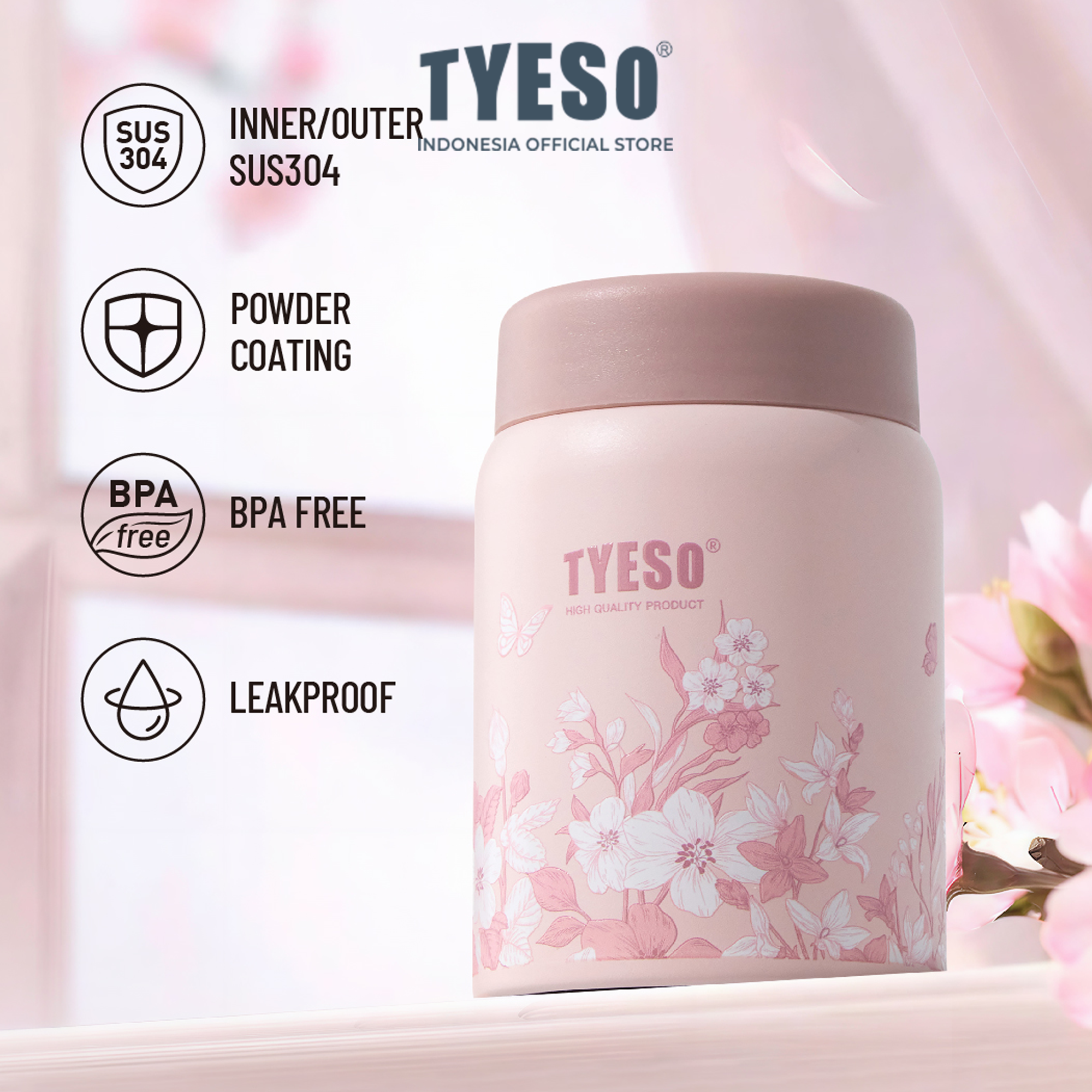 Tyeso Tumbler Floral Blush Collection Insulated Soft Pink Stainless Steel Vacuum Cup BPA FREE