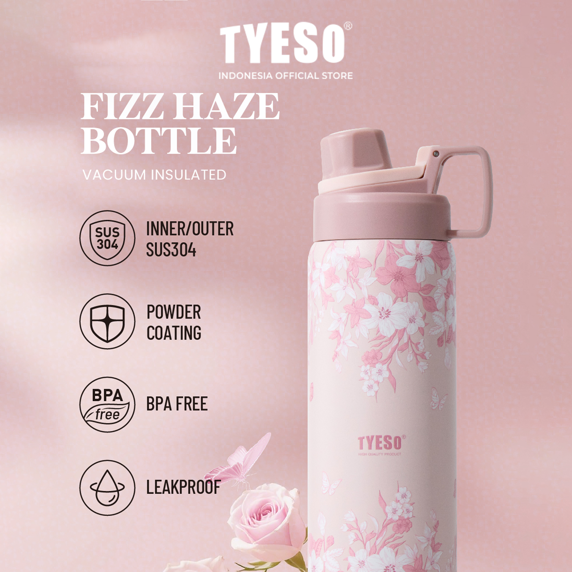 Tyeso Tumbler Floral Blush Collection Insulated Soft Pink Stainless Steel Vacuum Cup BPA FREE