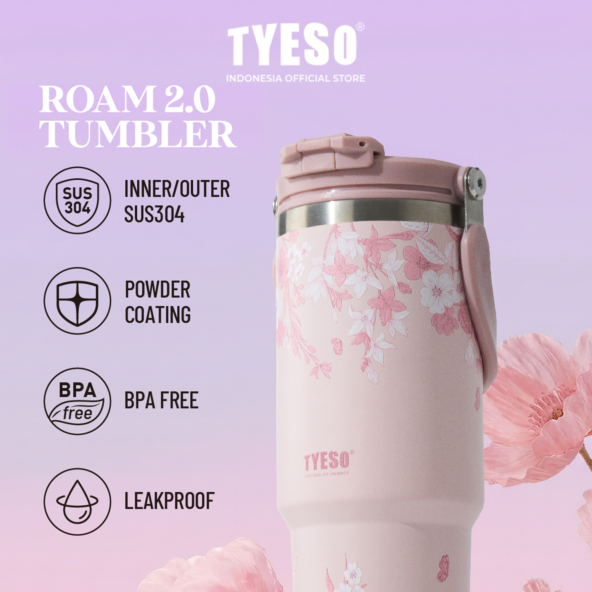 Tyeso Tumbler Floral Blush Collection Insulated Soft Pink Stainless Steel Vacuum Cup BPA FREE
