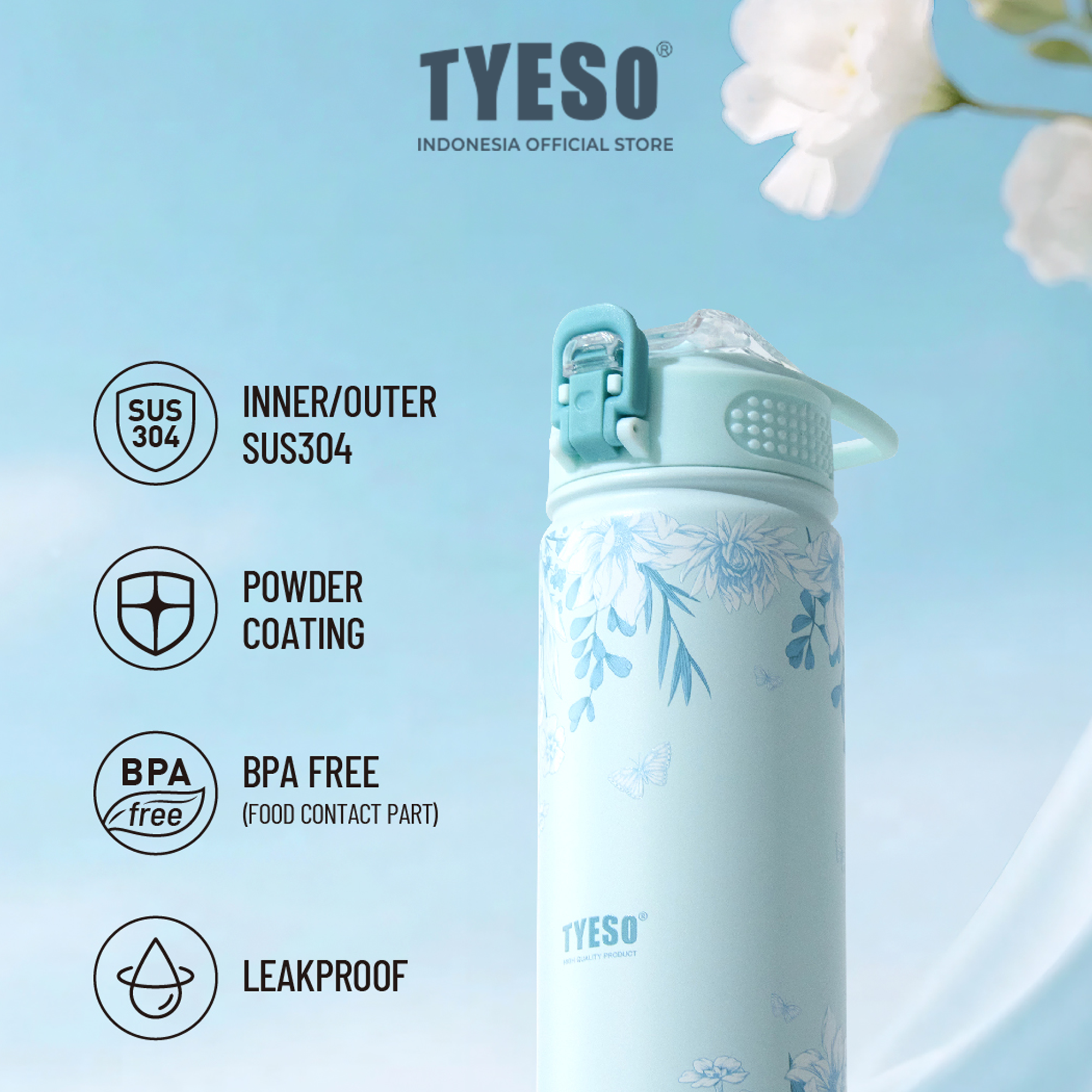 Tyeso Tumbler Floral Mist Blue Collection Insulated Soft Blue Stainless Steel Vacuum Cup BPA FREE