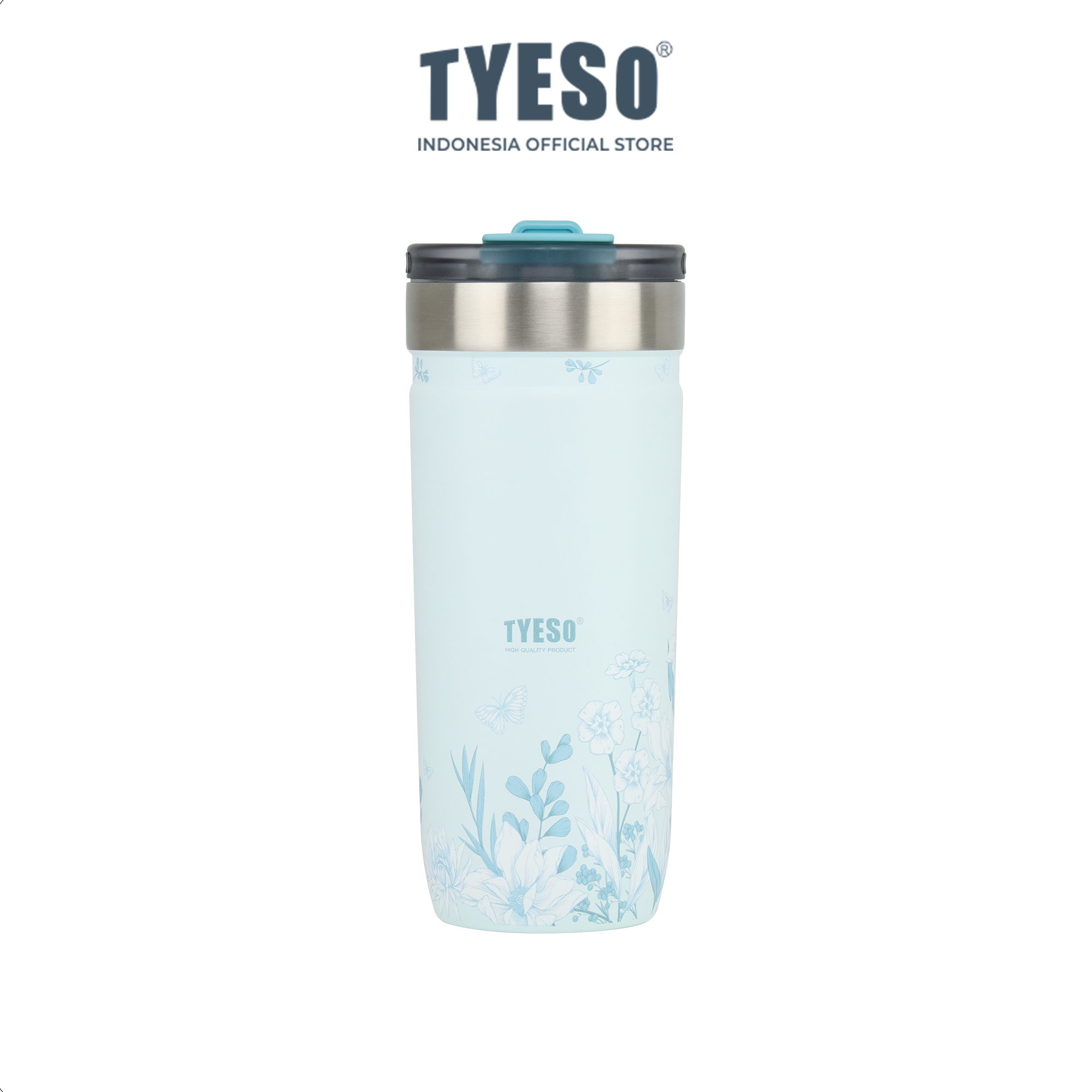 Tyeso Tumbler Floral Mist Blue Collection Insulated Soft Blue Stainless Steel Vacuum Cup BPA FREE