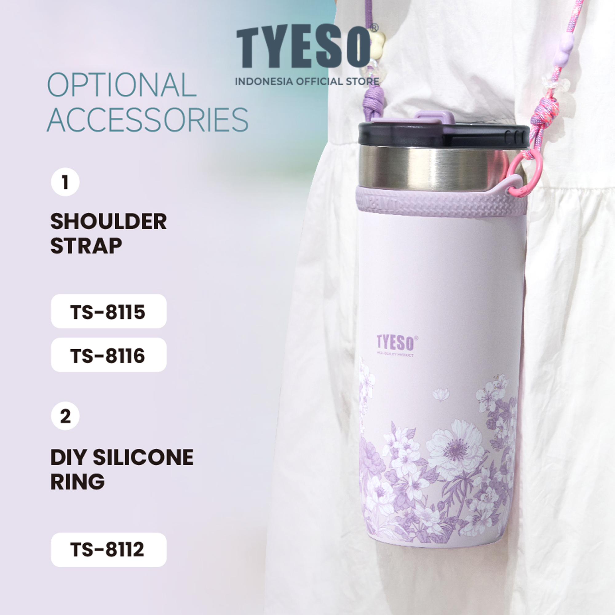 Tyeso Tumbler Floral Veil Lavender Collection Soft Purple Insulated Stainless Steel Vacuum Cup BPA FREE