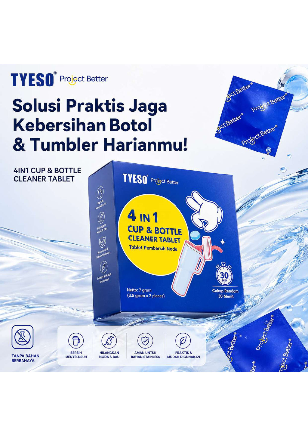 Tyeso X Project Better Cleaner Tablet 4in1 -  2 Tablet Pembersih Noda Tumbler Botol Cup Praktis Rendam 30 Menit