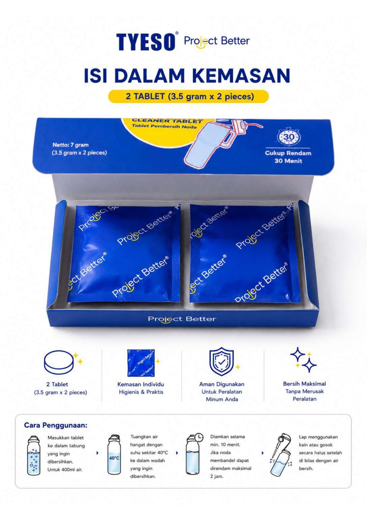 Tyeso X Project Better Cleaner Tablet 4in1 -  2 Tablet Pembersih Noda Tumbler Botol Cup Praktis Rendam 30 Menit