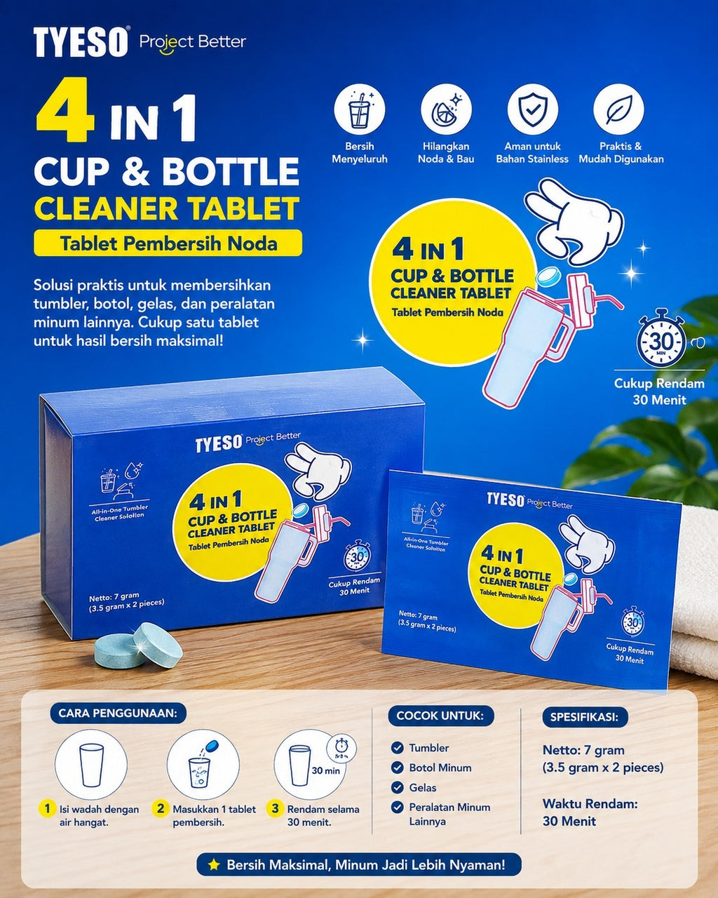 Tyeso X Project Better Cleaner Tablet 4in1 -  2 Tablet Pembersih Noda Tumbler Botol Cup Praktis Rendam 30 Menit