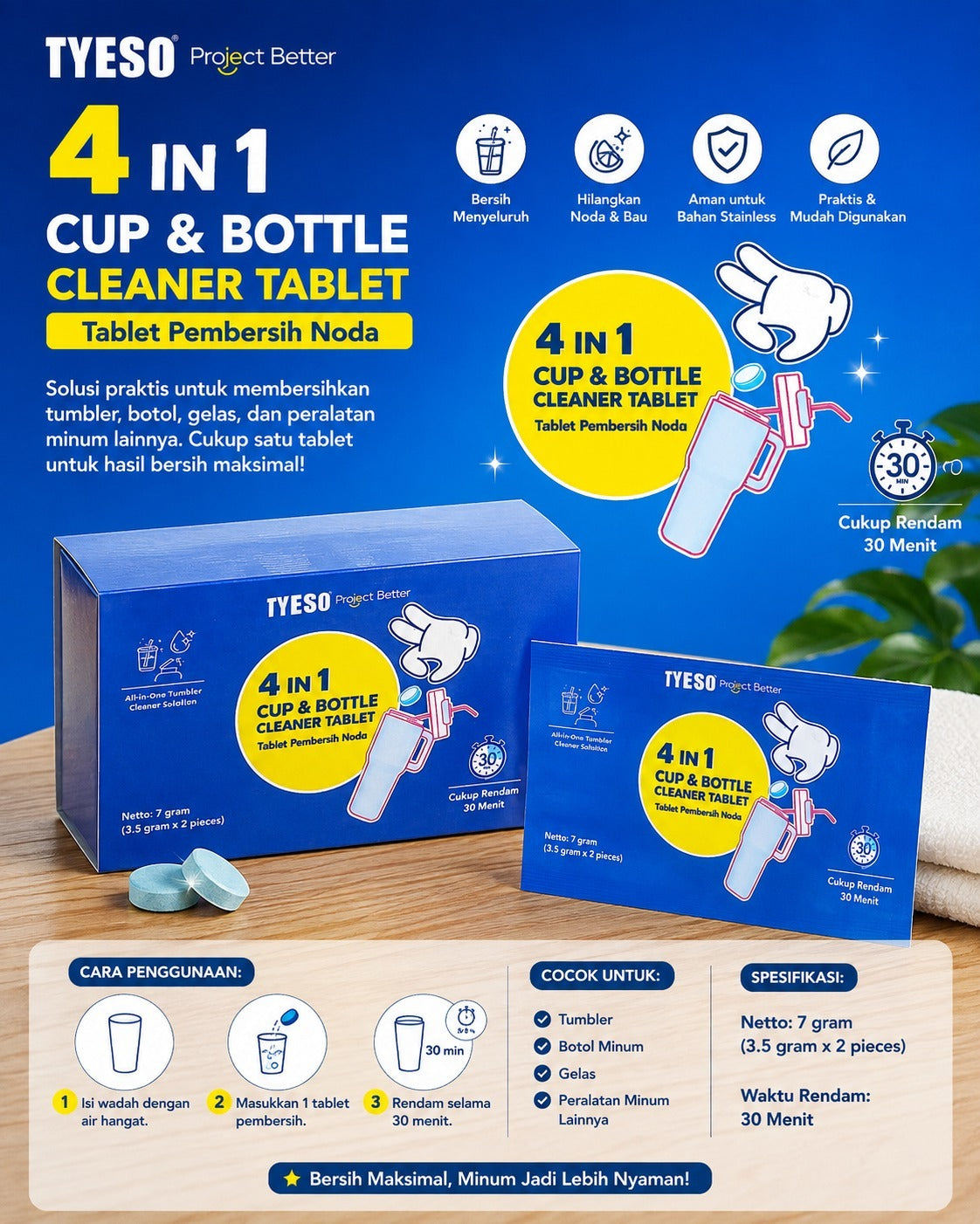 Tyeso X Project Better Cleaner Tablet 4in1 -  2 Tablet Pembersih Noda Tumbler Botol Cup Praktis Rendam 30 Menit