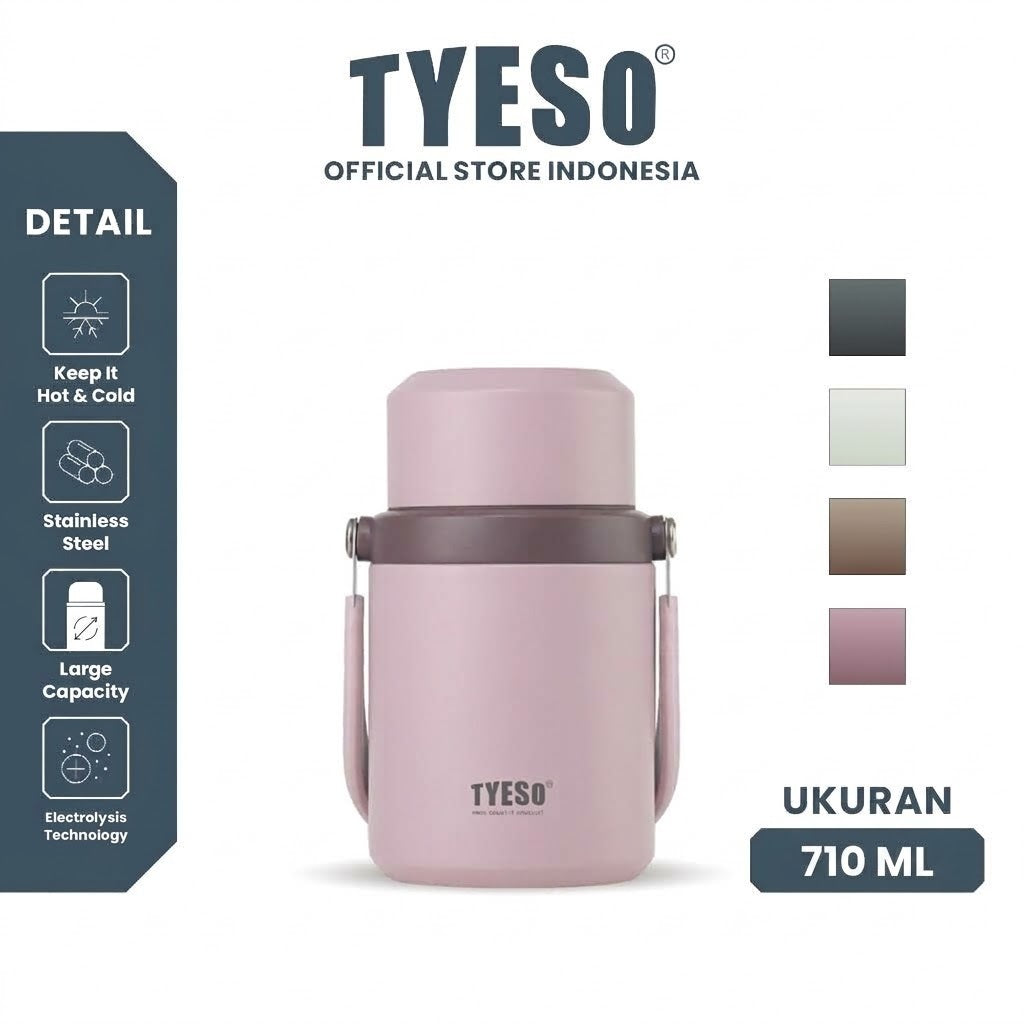 Tyeso Tavo Food Jar 710ml TS-02601 Wadah Makanan Vacuum Stainless SUS316 Panas Dingin Anti Bocor Gagang Lipat