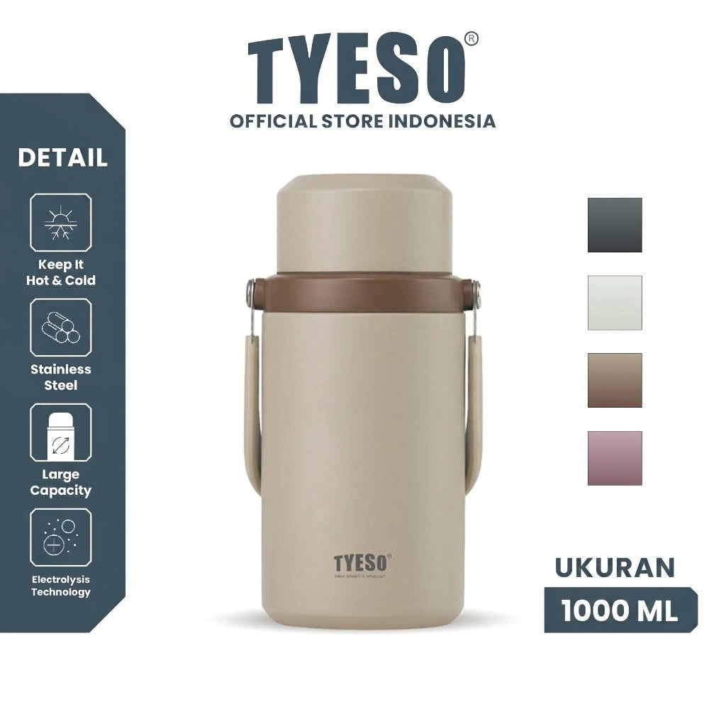 Tyeso Tavo Food Jar 1000ml TS-02602 Wadah Makanan Vacuum Stainless SUS316 Panas Dingin Anti Bocor Gagang Lipat